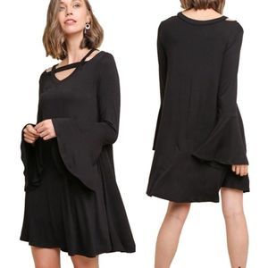 Black Bell Sleeve Swing Mini Dress Neckline Cut Out NWT Size Small